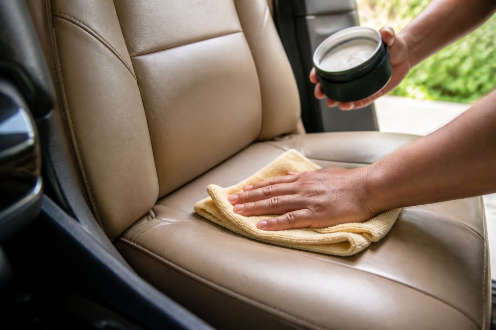 Step-by-step process of applying conditioner to clean leather car seats using a microfiber cloth