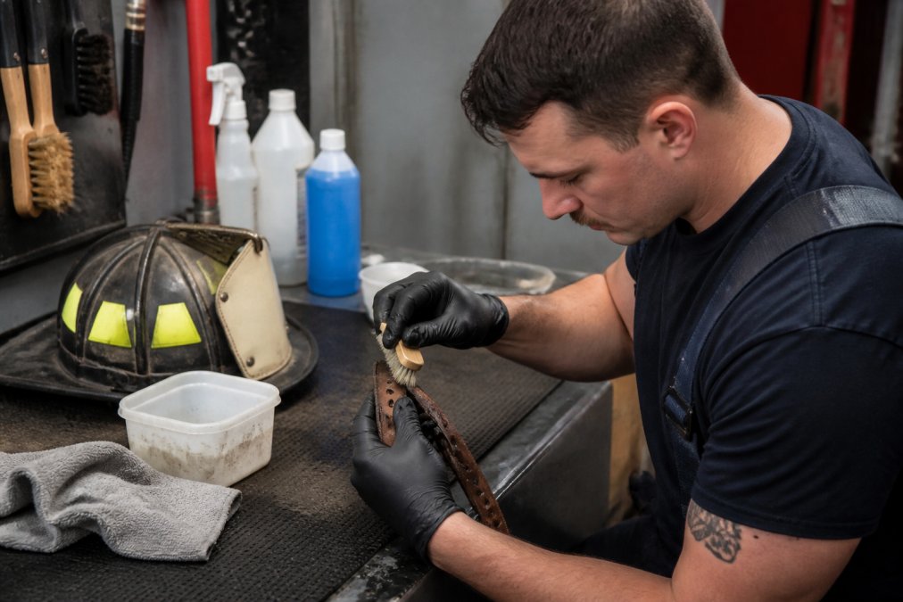 Firefighter using a soft brush and soap to clean a leather chin strap at a workstation with microfiber cloths.