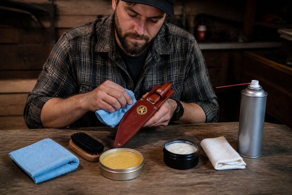 Flat lay of leather knife sheath maintenance tools arranged on a wooden surface including microfiber cloth, soft-bristled brush, saddle soap, leather conditioner, damp cloth, and compressed air canister