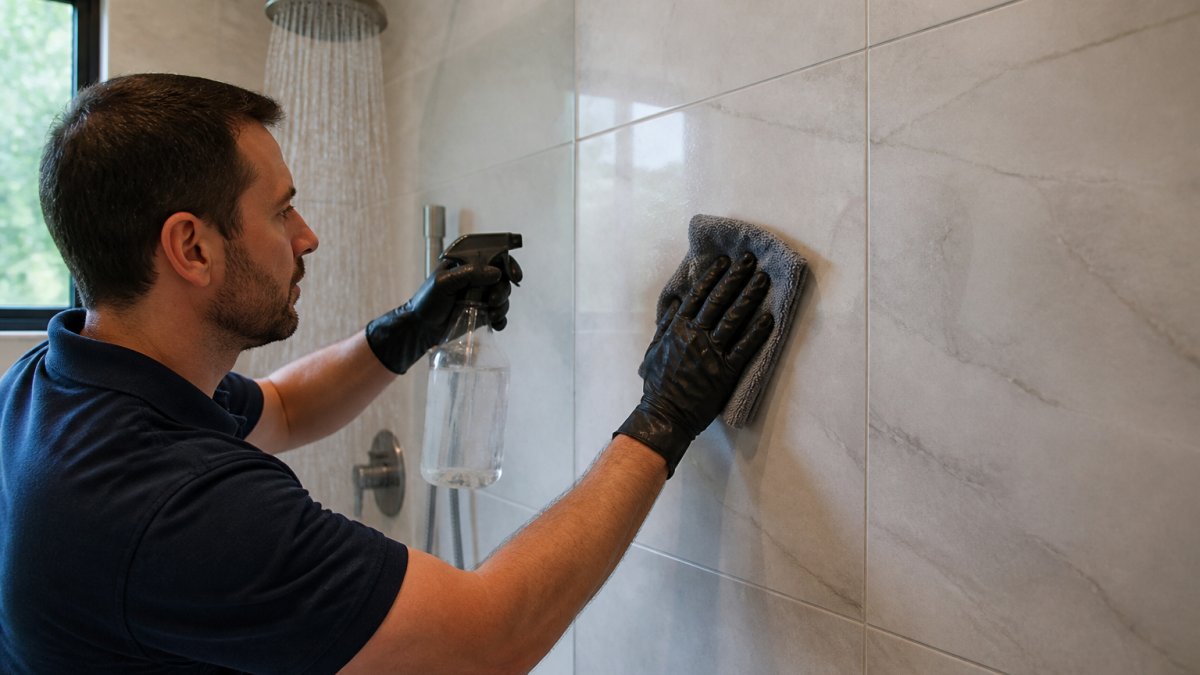 Professional using a microfiber cloth to clean luxury bathroom tiles in a modern shower area