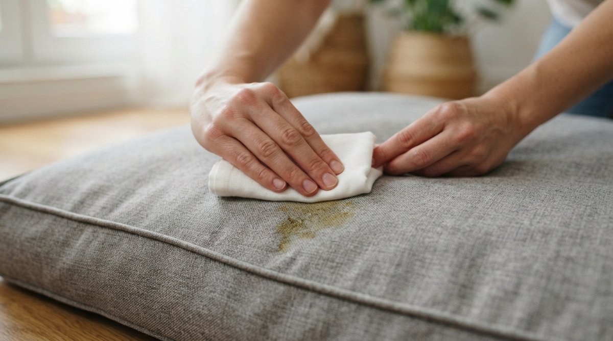 Close-up of hands gently blotting a fresh stain on luxury fabric dog bed cover with white cloth, showing proper spot-cleaning technique with natural lighting