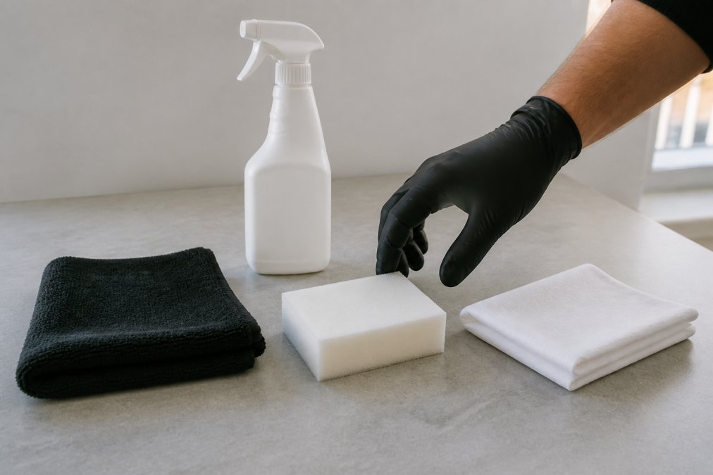 Laid-out collection of cleaning supplies on a neutral surface including black microfibre cloth, bottle of specialist magnetic wallcovering cleaner, soft sponge, lint-free cloth, and gloved hand reaching for items