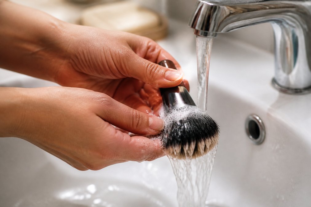 Close-up of hands rinsing makeup brushes under lukewarm water over a sink, with soap lather visible on the bristles and water flowing downward through the bristles