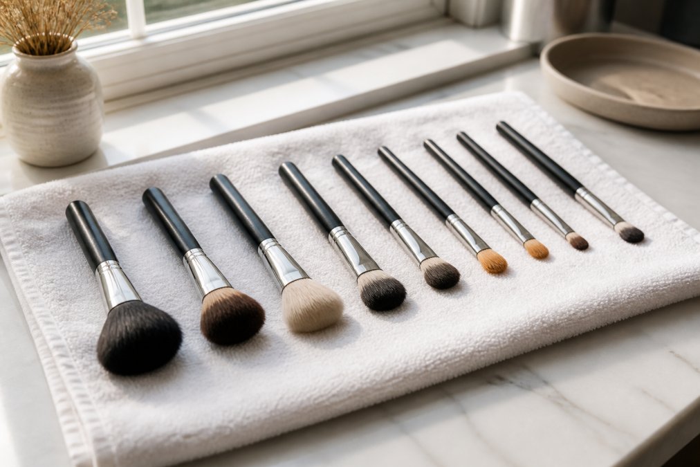 Makeup brushes laid flat on a clean white towel with bristles pointing downward at an angle, arranged in a neat row in natural window lighting