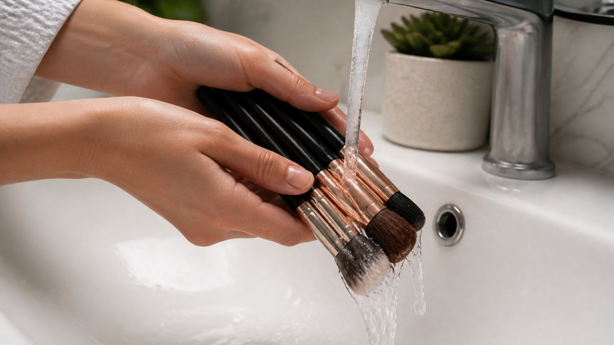 Close-up of hands rinsing makeup brushes under lukewarm water with bristles pointing downward, showing proper water flow and brush position