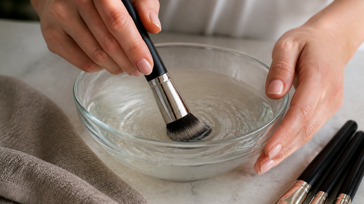 Close-up of hands gently swirling a makeup brush in a bowl of lukewarm water with a drop of gentle cleanser, showing careful handling to avoid bending bristles