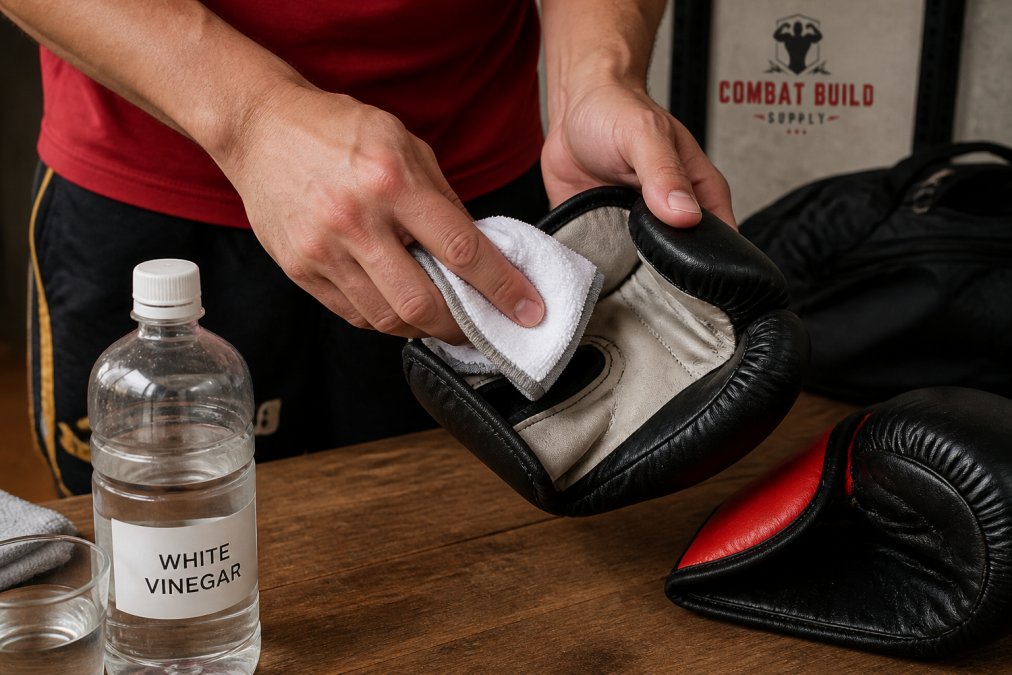 Close-up of hands cleaning the interior of boxing gloves with a cloth dampened in vinegar solution, showing the foam padding being carefully wiped down in a well-lit workspace