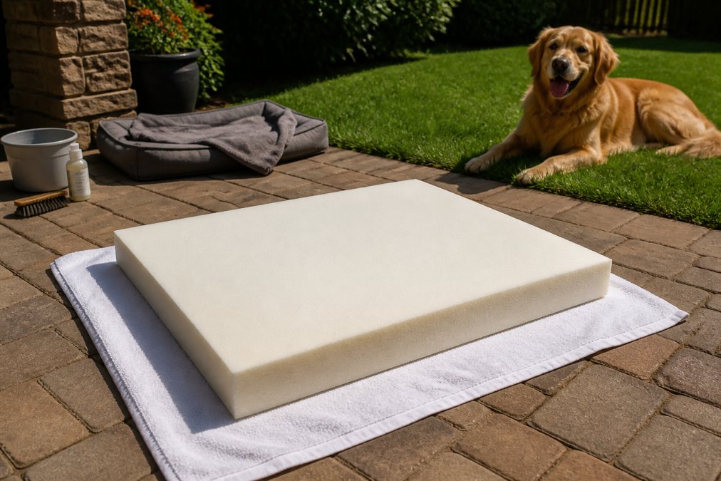 A thick memory foam dog bed insert lying flat on a clean dry towel on a sunny patio, with a large golden retriever resting nearby on the grass in warm natural sunlight