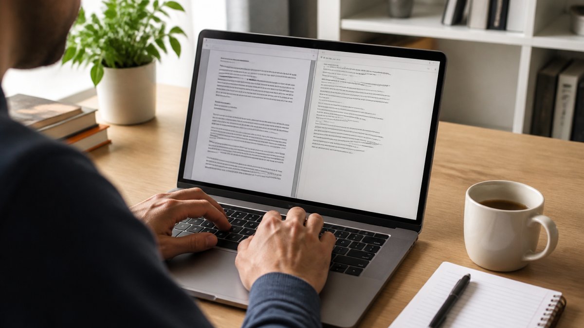 Close-up of a person's hands on a laptop keyboard, with a PDF document open on screen and a text editor window beside it, natural desk lighting