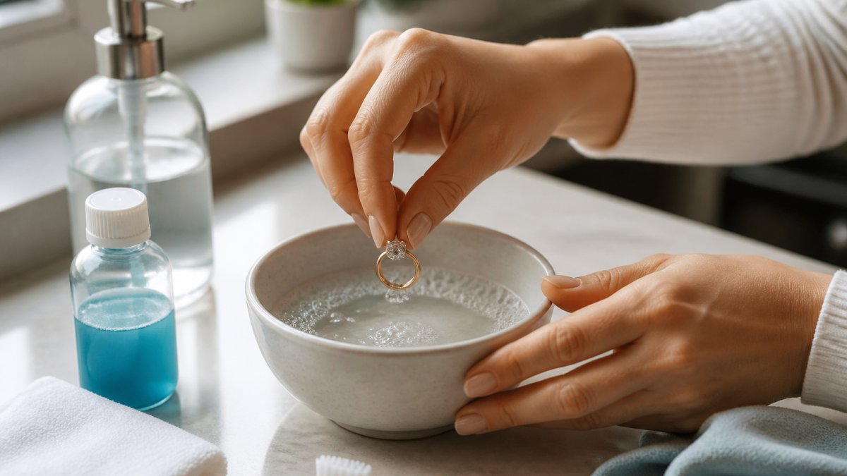 Close-up of hands placing a moissanite engagement ring into a small ceramic bowl filled with warm soapy water on a clean kitchen counter with natural sunlight