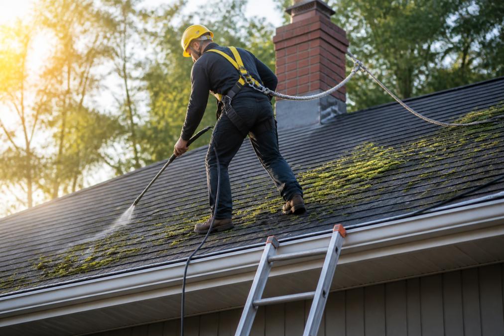Homeowner secured with safety harness and helmet on pitched asphalt shingle roof, with ladder properly positioned against edge and safety rope anchored to chimney, morning sunlight