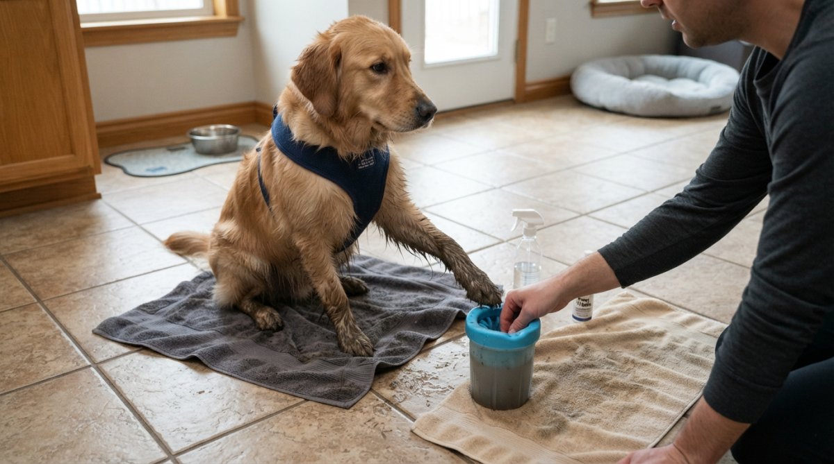 Dog's muddy paws being rinsed in a clear basin of water with a microfiber towel draped nearby on a tile floor