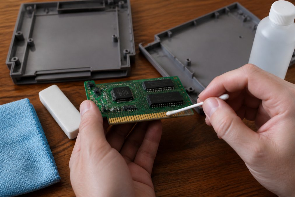 Hands using a cotton swab and alcohol to clean NES cartridge gold pins on a organized workspace.
