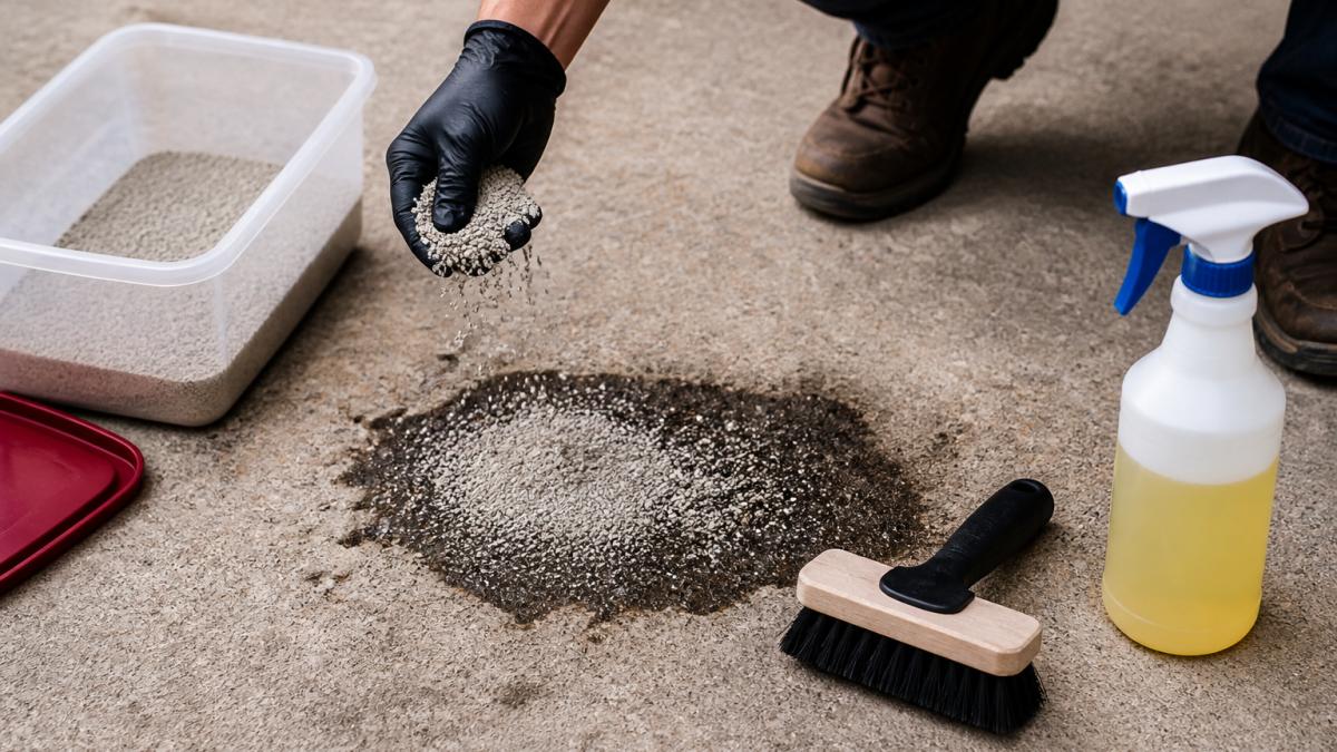 Close-up of someone sprinkling kitty litter onto a fresh oil stain on a concrete driveway, with a stiff-bristle brush and spray bottle of cleaning solution visible nearby