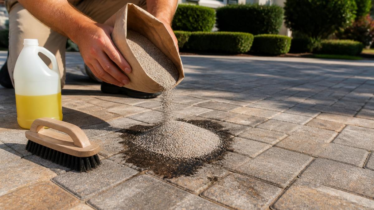 A homeowner's hands pouring cat litter onto a fresh oil stain on a concrete paver driveway, with a bottle of degreaser and a stiff brush nearby in bright afternoon sunlight
