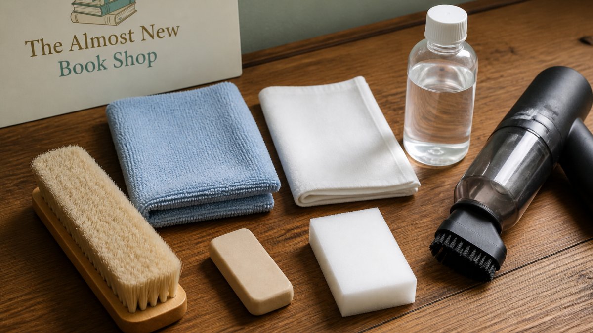 Cleaning supplies for old books including brushes, cloths, and erasers arranged on a wooden surface