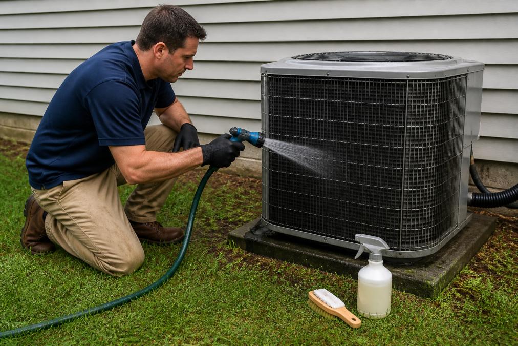 Homeowner rinsing outdoor AC condenser coils with a garden hose to learn how to clean outdoor ac condenser coils