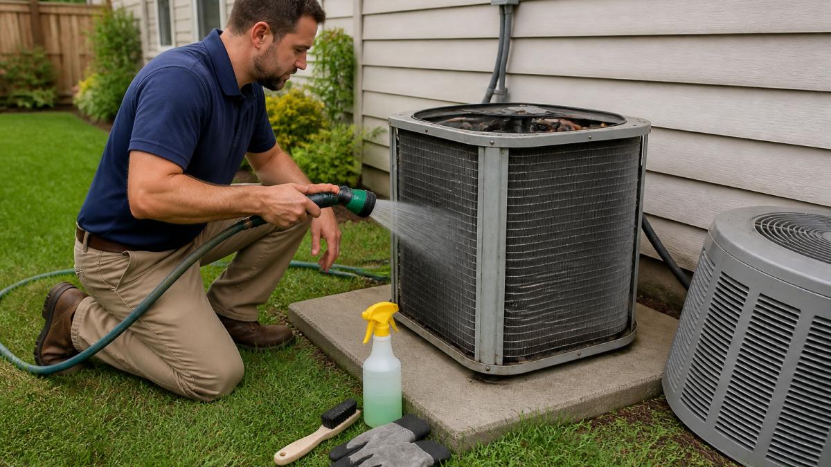 A homeowner kneeling beside an outdoor AC condenser unit in a residential backyard, holding a garden hose with a gentle spray nozzle, with the top cabinet cover removed to reveal the coil fins. ### What You'll Need Before You Start Gather everything first so you're not running back and forth mid-job. Here's the short list: - Garden hose with a gentle spray nozzle - Soft brush or coil brush - Fin comb for bent fins Skip the pressure washer. High pressure bends the metal fins flat, and bent fins block airflow just like dirt does. ### Step 1: Turn Off Power at the Disconnect Switch Power off is not optional. The outdoor unit holds capacitors that store a charge even after the thermostat is off. 1. Set the thermostat to OFF. 2. Find the disconnect switch near the outdoor unit, usually in a small box on the wall. 3. Pull the disconnect or flip the breaker at your electrical panel. 4. Wait a few minutes before touching anything inside. A common mistake is flipping only the thermostat. That leaves the outdoor unit live. If you're unsure which breaker controls the AC, turn off the main breaker or call a licensed technician. ### Step 2: Clear Debris and Open the Cabinet Leaves, grass clippings, and cottonwood fluff collect around the base and top of the unit. Clear the area within about two feet of the cabinet first. Then remove the top grille or side panel screws and lift the cover off. Set the screws in a cup so you don't lose them in the grass. Most units let you reach the coil from the top or side once the cover is off. :::warning Never stick a tool or your hand into the unit while the power is on. Even with the thermostat off, the contactor and capacitor can still hold a charge. If you see scorched wiring or a burnt smell, stop and call a pro. ::: ### Step 3: Inspect Coil Fins, Then Rinse and Dry Look at the coil before you spray. You're checking for two things: dirt buildup and bent fins. - **Dirt:** A gray or matte film across the fins means it's time to clean. - **Bent fins:** Flattened or crushed sections block airflow. Straighten light bends with a fin comb. - **Damage:** Cracked or corroded coils need a technician, not a hose. For cleaning, spray downwind so runoff moves away from you. Rinse with a gentle spray, working top to bottom. If dirt is stubborn, apply a coil cleaner, let it sit per the label, then rinse thoroughly. Let the unit dry before restoring power. ## Dirty Condenser Coil Symptoms You Should Not Ignore Dirty condenser coil symptoms show up long before a full breakdown. Catching them early saves money. Watch for these signs: - The [AC runs but the house never gets cool