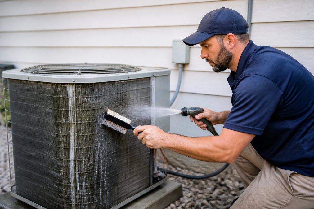 Professional technician carefully cleaning aluminum fins and condenser coils on outdoor AC unit using soft brush and low-pressure garden hose spray