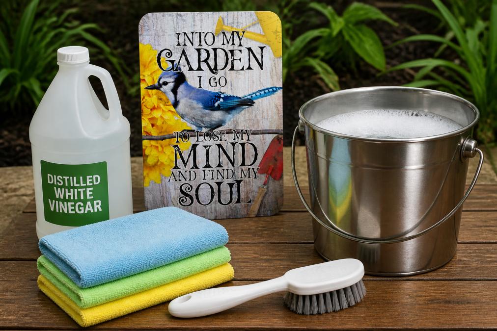 Close-up of cleaning supplies arranged on a wooden surface: white vinegar bottle, microfiber cloths folded neatly, soft-bristle brush, stainless steel bucket filled with soapy water, and a colorful aluminum garden sign positioned in the background