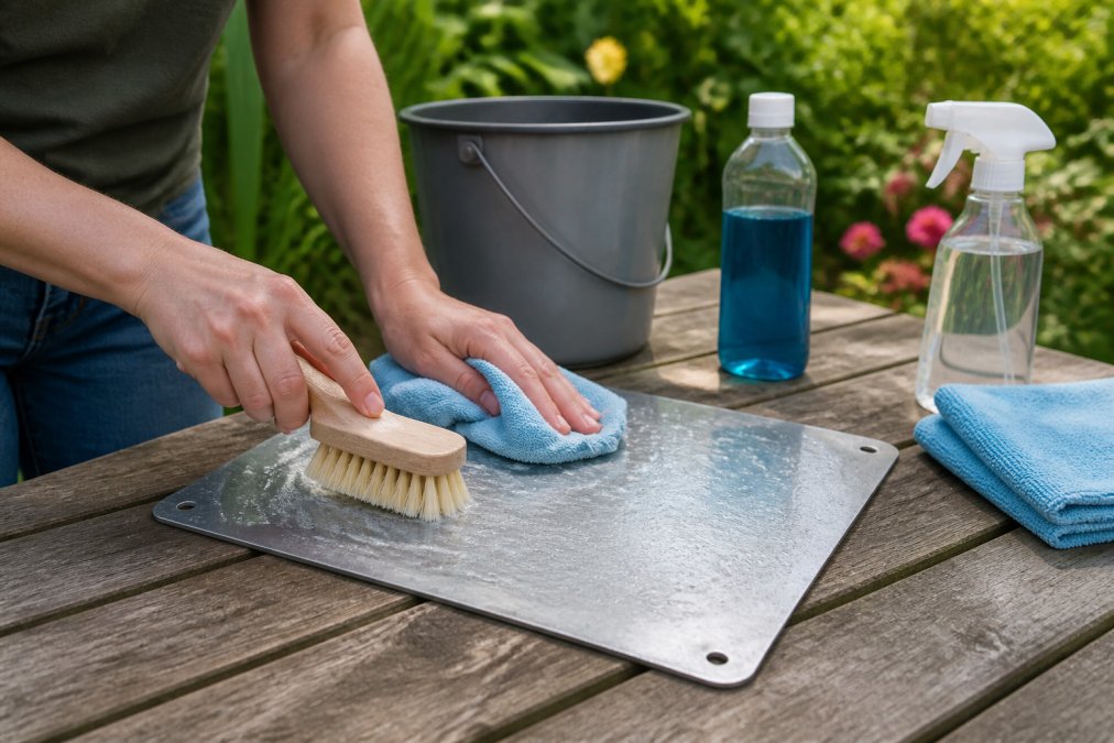 Close-up of hands using a soft-bristle brush and microfiber cloth to gently clean an aluminum garden sign with soapy water in natural outdoor lighting