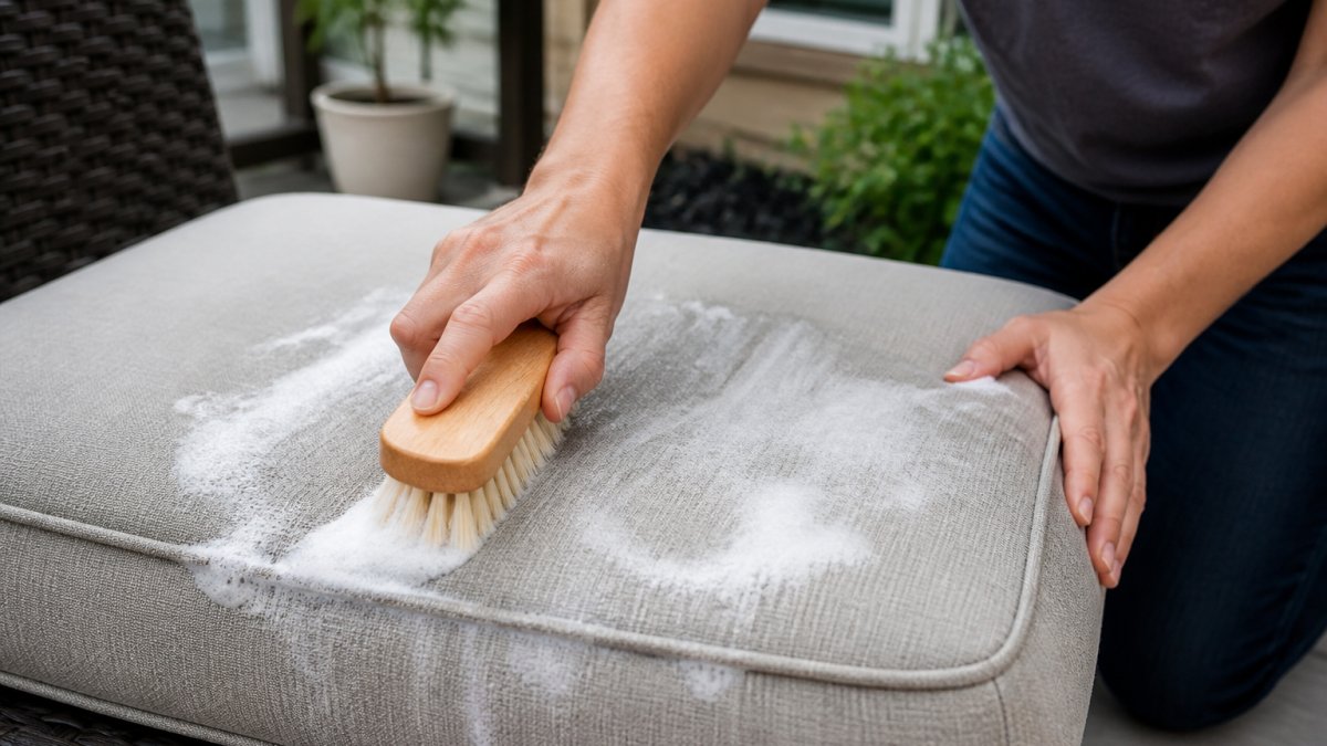 Close-up of hands scrubbing a patio cushion with a soft-bristled brush and soapy water, showing cleaning action on cushion fabric
