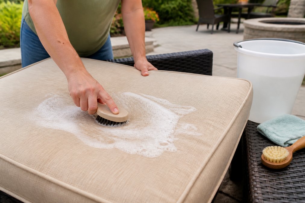 A person scrubbing a beige outdoor patio cushion with a soft-bristle brush, soapy water visible on the fabric surface, bright natural daylight, patio setting in the background