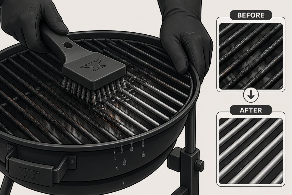 Close-up of hands using a wire brush to scrub grill grates over an open flame, showing carbonized residue being removed with water droplets visible
