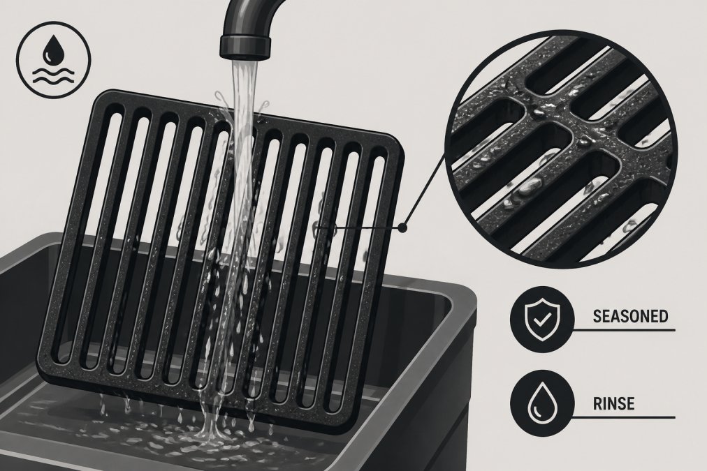 Cast iron grill grates being rinsed with water, showing the dark seasoned surface and water droplets, with natural outdoor lighting