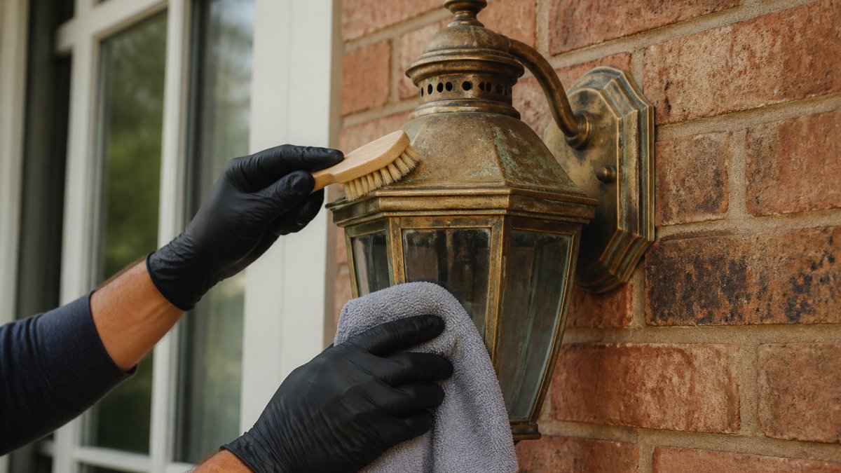 Close-up of hands wearing gloves using a soft-bristled brush and microfiber cloth to clean a tarnished brass outdoor wall lantern mounted on a brick exterior wall