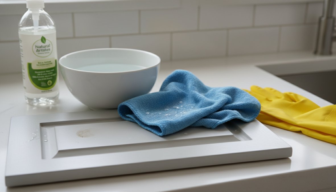 Close-up of a person wiping down a white painted kitchen cabinet door with a damp microfiber cloth, a small bowl of warm soapy water visible on the clean kitchen counter nearby, soft natural light from a window