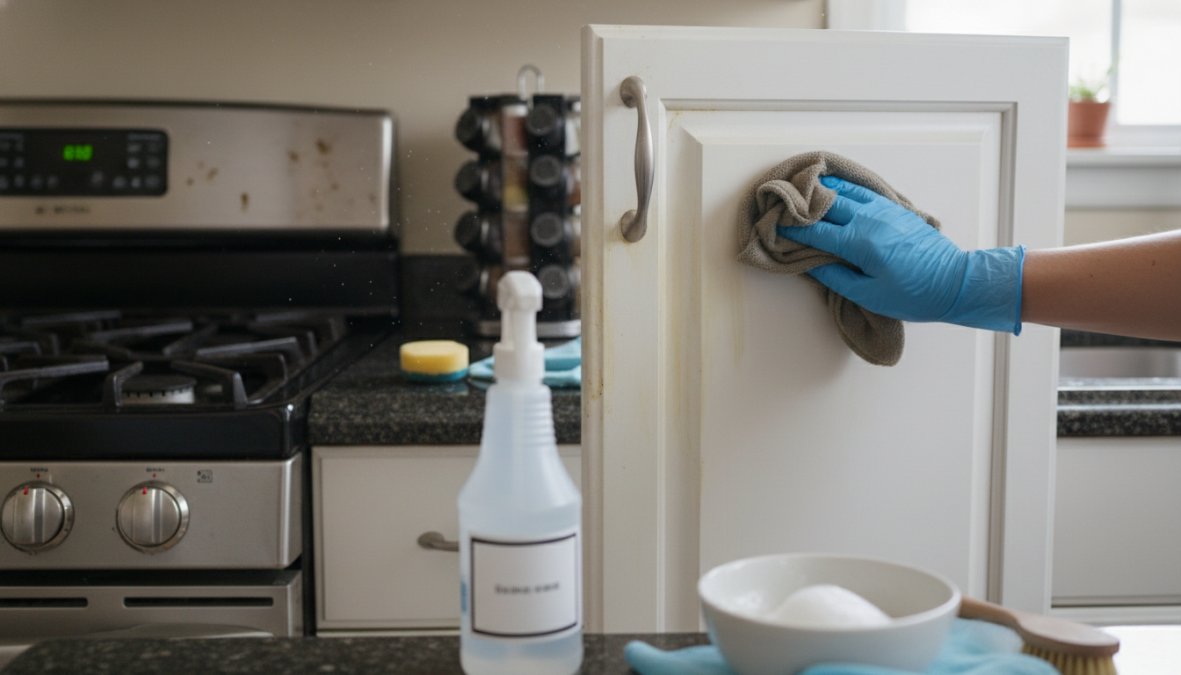 A homeowner applying a gentle degreaser solution to a painted cabinet surface near a stove, using a soft cloth to work through visible grease buildup around the cabinet edges, warm kitchen lighting, focused close-up