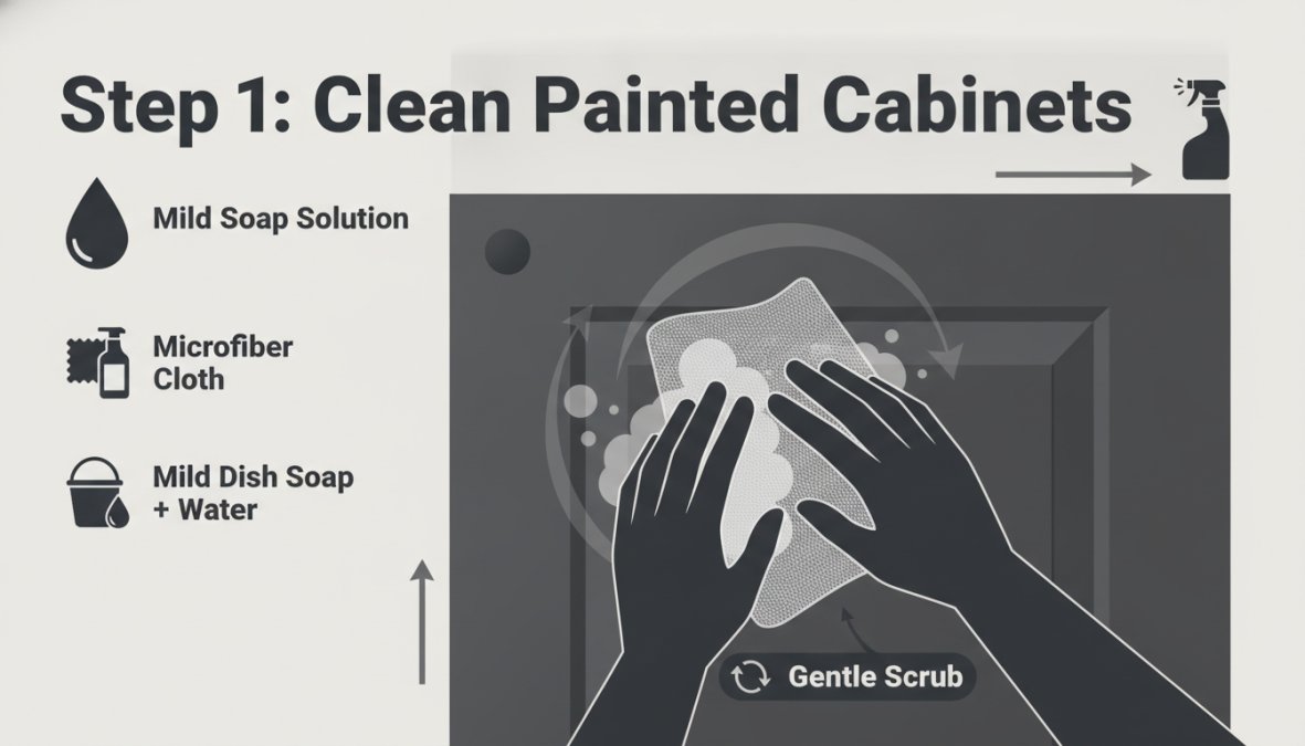 Close-up of hands using a microfiber cloth with mild cleaning solution to gently wipe a painted kitchen cabinet door, showing proper technique with downward strokes following wood grain