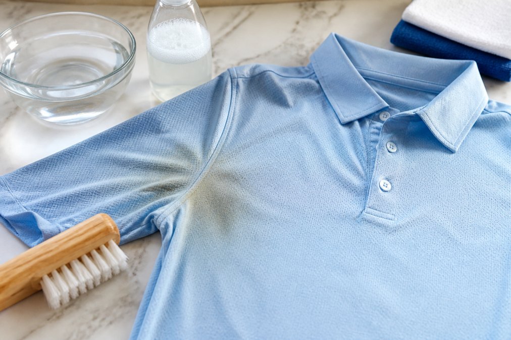Cleaning sweat stains from clean performance golf apparel using an enzyme spray and a soft-bristled brush.