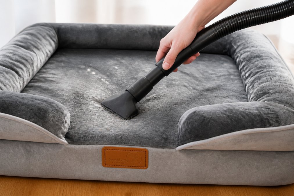 Close-up of a person using a vacuum attachment on a pet bed to remove pet hair and debris, with visible dust and fur being lifted into the vacuum hose