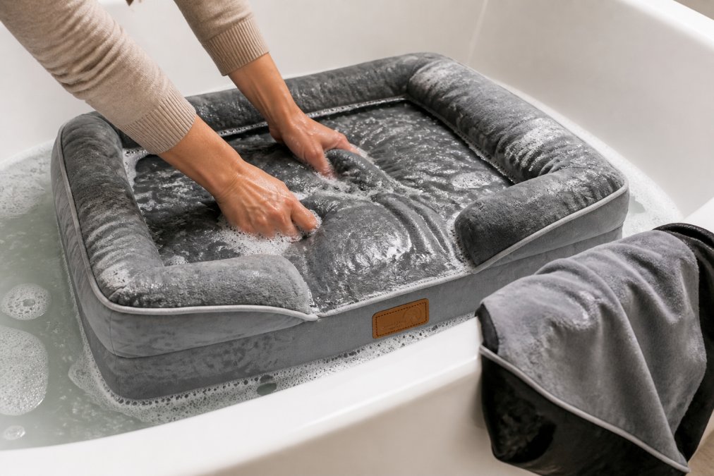 Pet bed submerged in a bathtub filled with soapy water, hands gently kneading and cleaning the fabric, with a washable cover draped on the edge of the tub