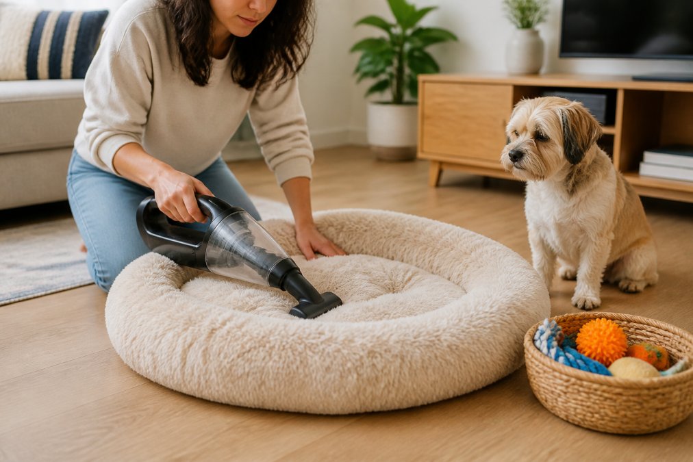Person using a handheld vacuum to clean pet beds while a small dog watches nearby in a sunny living room
