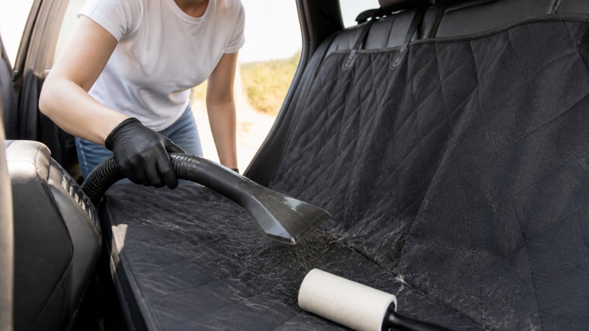 A person in casual clothes using a handheld vacuum with a rubber glove to lift dog hair from a car seat cover, lint roller resting on the seat beside them, bright daylight through the car window