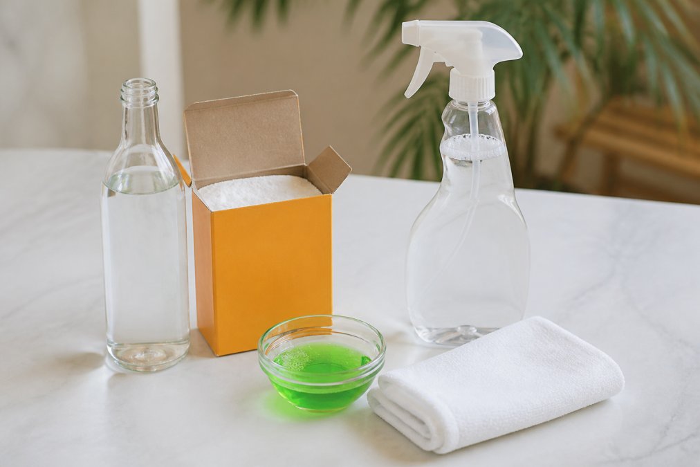 Flat lay arrangement of pet-safe cleaning supplies including white vinegar bottle, open box of baking soda, spray bottle filled with cleaning solution, folded white damp cloth, and small bowl of dishwashing liquid on a clean white surface