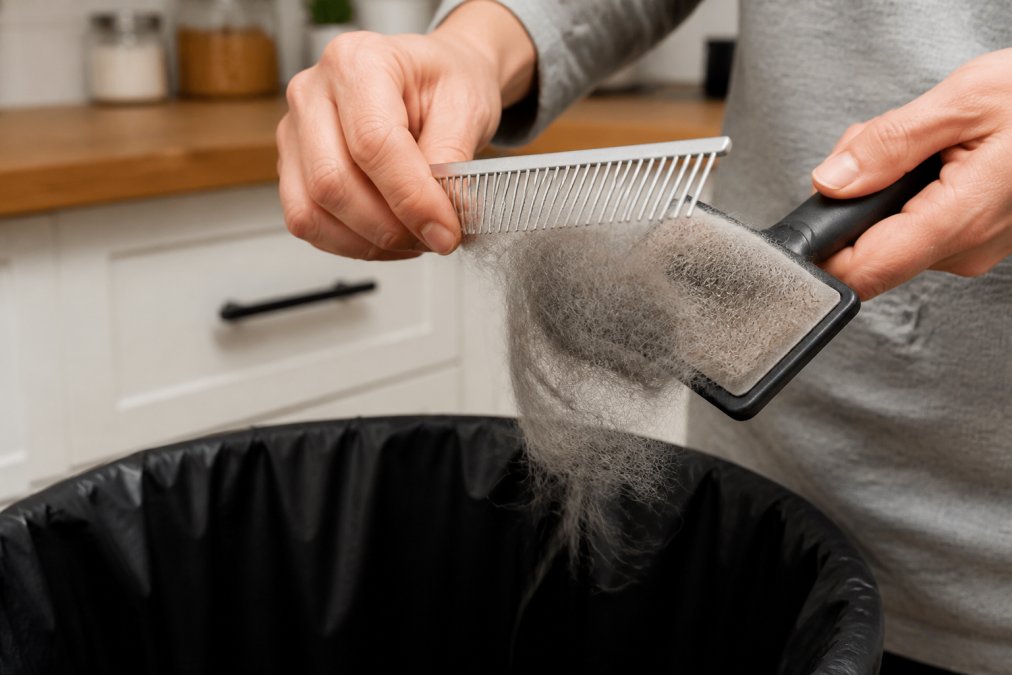 Close-up of hands using a wide-tooth comb to lift a mat of gray fur from the bent wire pins of a slicker brush, holding it over a black trash bin in bright kitchen lighting