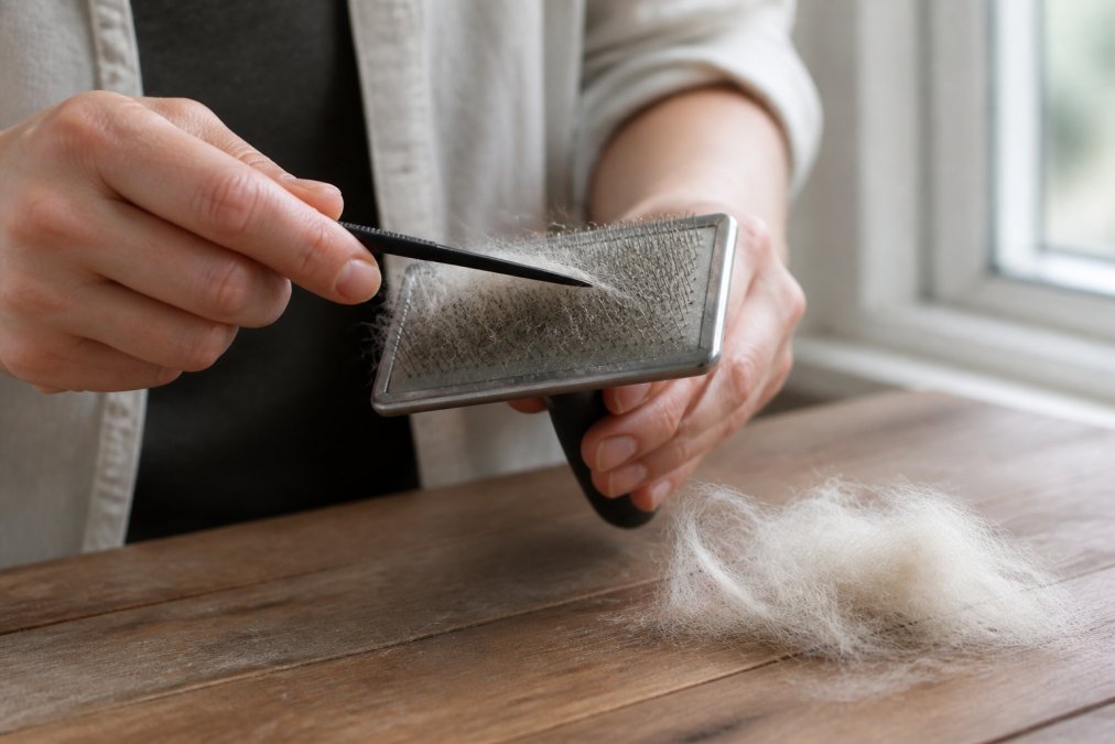 Close-up of hands using a rat tail comb to lift tangled pet hair from a slicker brush, with a small pile of removed fur on a wooden table beside it, soft natural window light