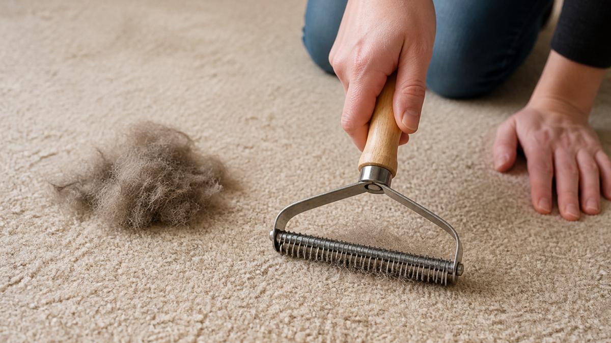 Close-up of hands using a carpet rake with metal bristles to pull embedded pet hair from a beige carpet, with a small pile of collected hair visible nearby