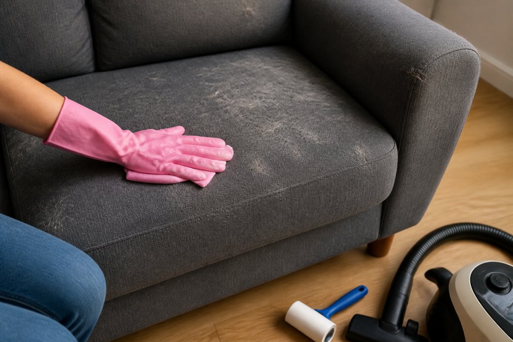 Person using a dampened rubber glove to remove pet hair from a fabric sofa cushion to show how to clean pet hair from