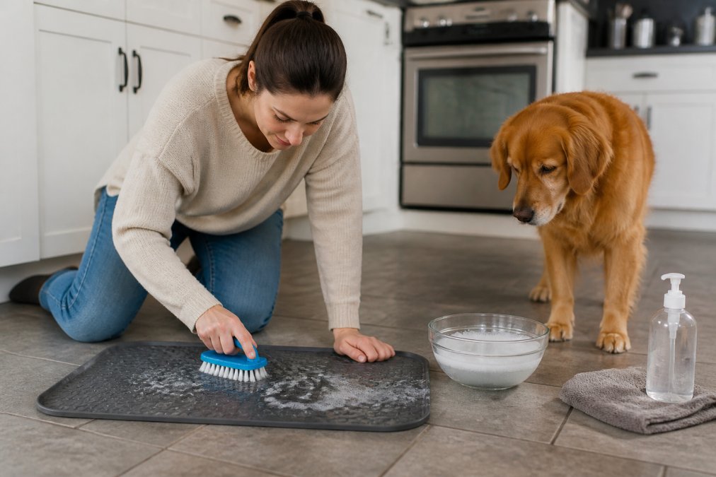 Person kneeling on a kitchen floor using a soft brush to clean pet mats with a dog watching nearby