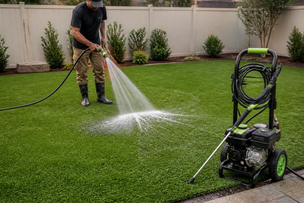Homeowner using a garden sprayer to rinse synthetic turf in a backyard, with water flowing across the grass surface and a pressure washer visible nearby