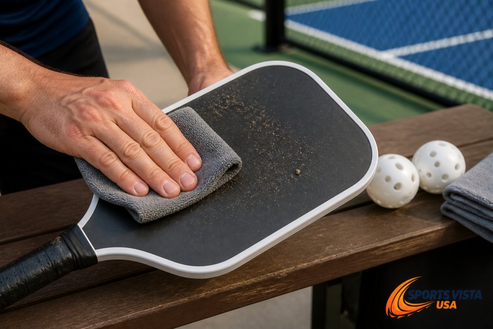 Hands using a damp microfiber cloth to wipe debris from a pickleball paddle face in circular motions