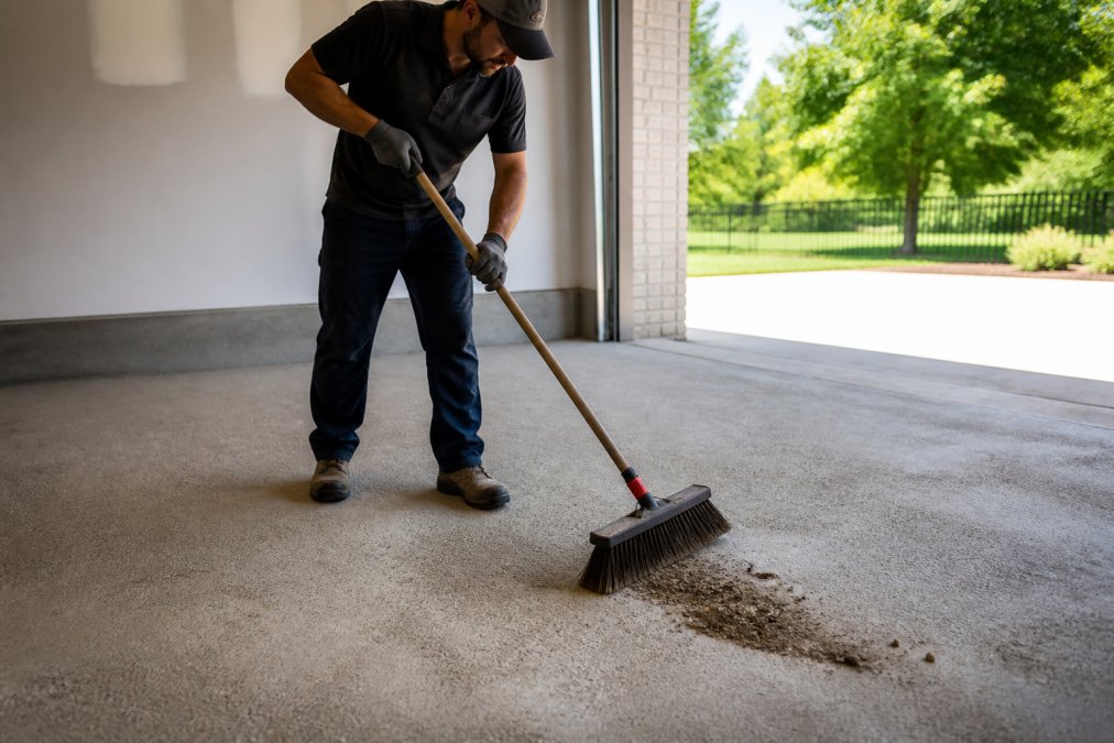 Professional demonstrating proper sweeping technique on porous concrete floor with stiff-bristled broom in bright natural light, showing correct posture and debris collection