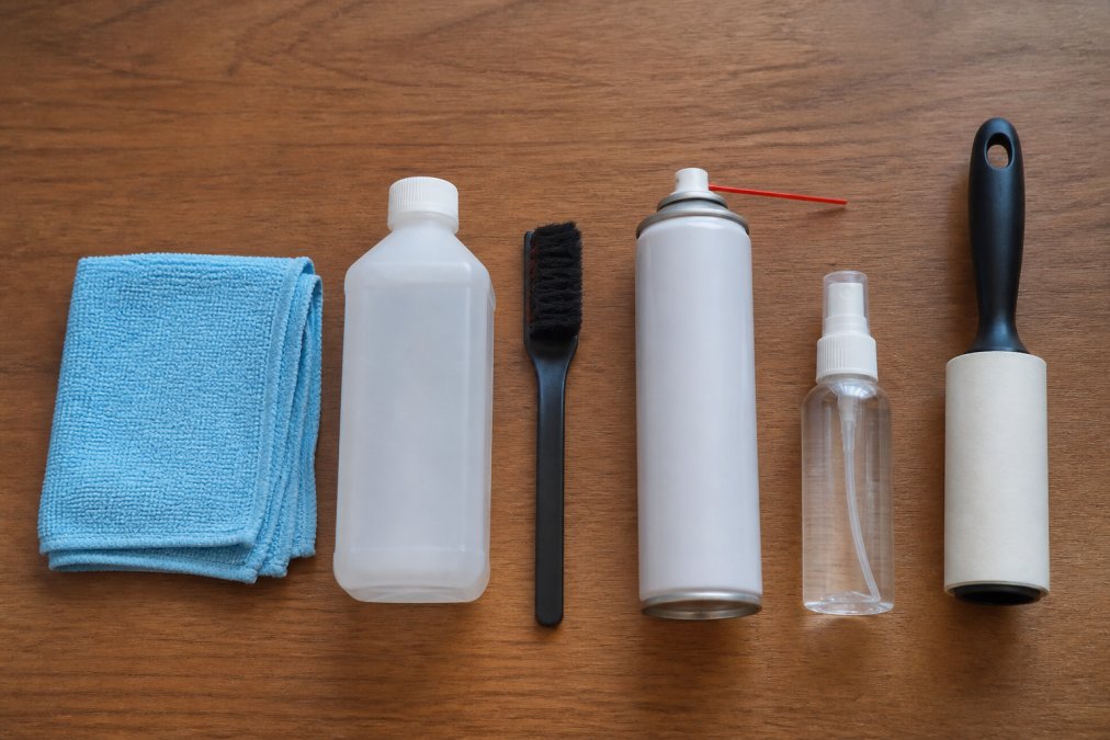 Flat-lay of cleaning tools on a wooden desk: microfiber cloth, bottle of 70% isopropyl alcohol, soft-bristled brush, can of compressed air, small spray bottle of vinegar solution, and a lint roller