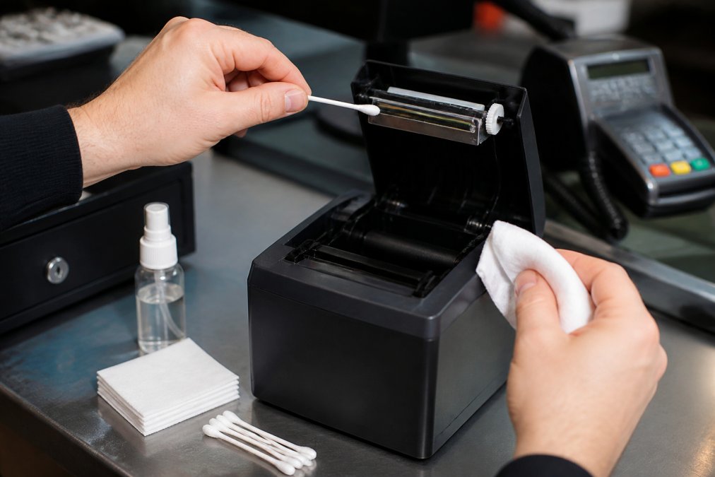 Hands using a cotton swab to clean the print head of an open POS receipt printer on a shop counter