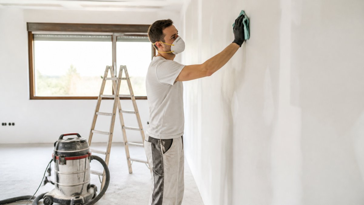 Worker wearing a respirator wipes construction dust from a wall in a renovated room with a HEPA vacuum nearby.